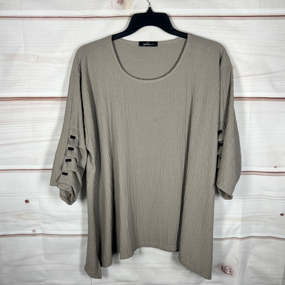 Yushi Top Womens XXL Beige Crinkle Blouse Oversized Textured 3/4 Sleeve Tunic